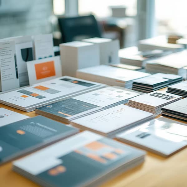 Various business collateral designs on a desk