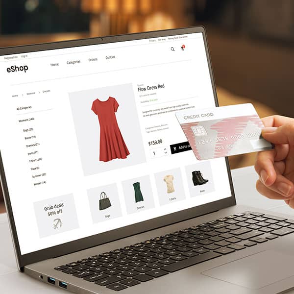 An ecommerce website design with product listings and a shopping cart