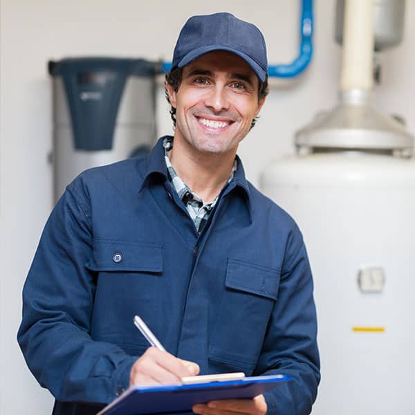 A plumber smiling while signing a document