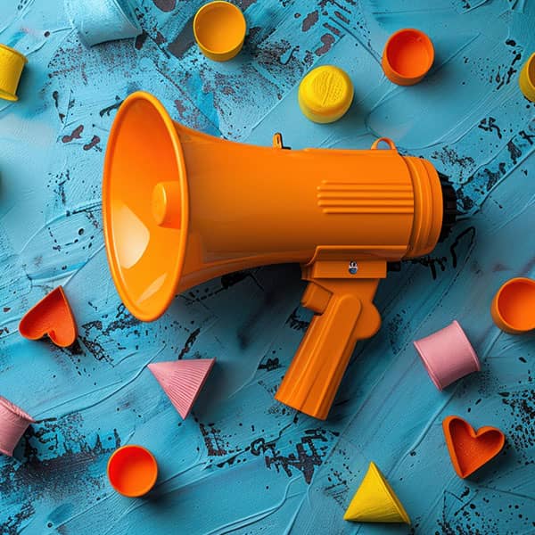 Rendering of a megaphone with social media interaction icons