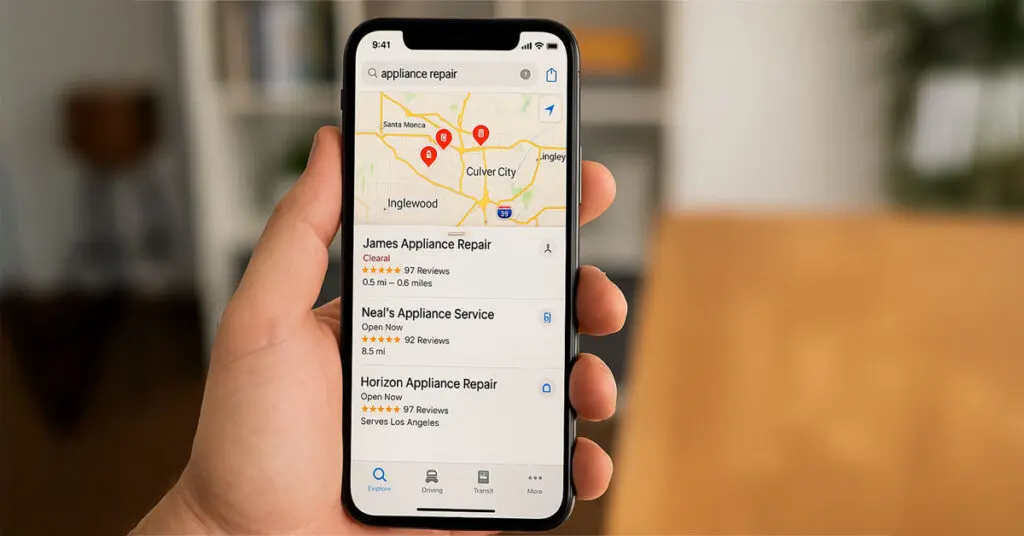 Business owner reviewing Apple Maps listing on an iPhone with local results displayed