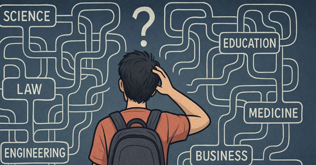 A confused student looking at a maze of academic pathways, symbolizing major and career uncertainty