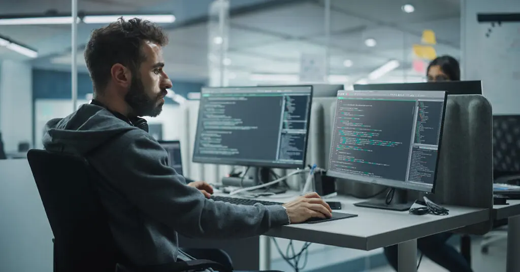 Focused web developer building a high-performance website with analytics and SEO tools open on screen