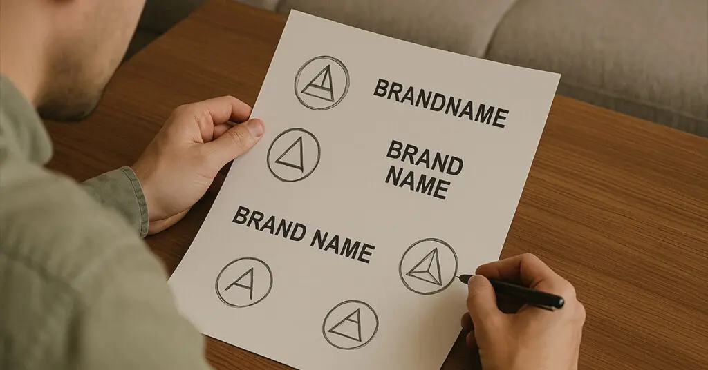 An entrepreneur reviewing logo sketches and brand name options, symbolizing a rebranding journey