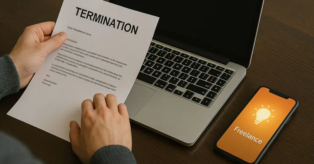 A person sitting at a laptop with a job termination letter and a glowing mobile app screen in view, symbolizing rebirth through freelancing