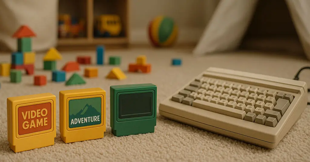 A nostalgic flat-lay of retro video game cartridges and a computer keyboard