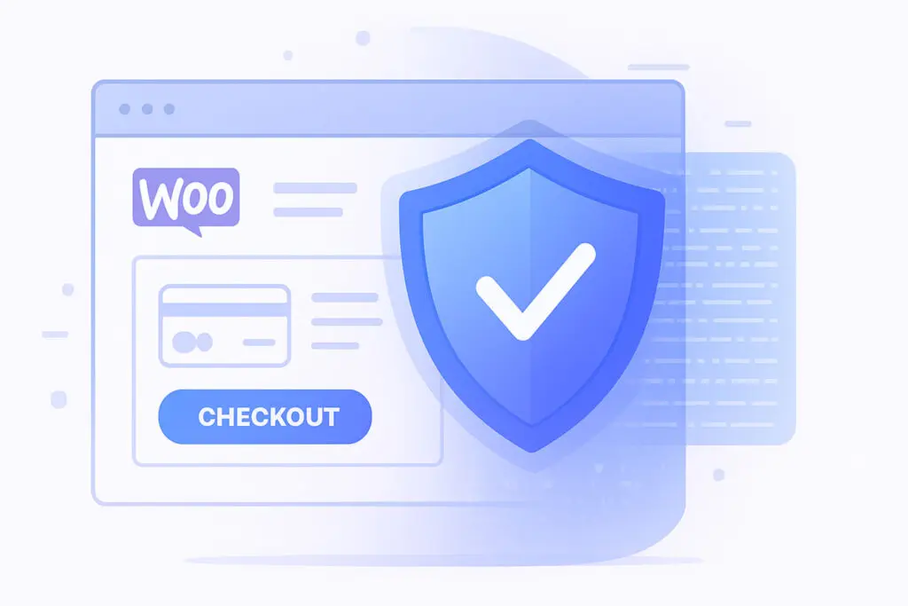 Illustration showing a secure WooCommerce checkout protected by a digital security shield to prevent card testing attacks.