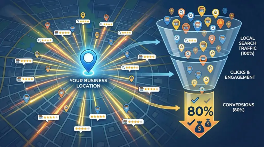 Local SEO map showing search results radius with 80% conversion rate for local searches