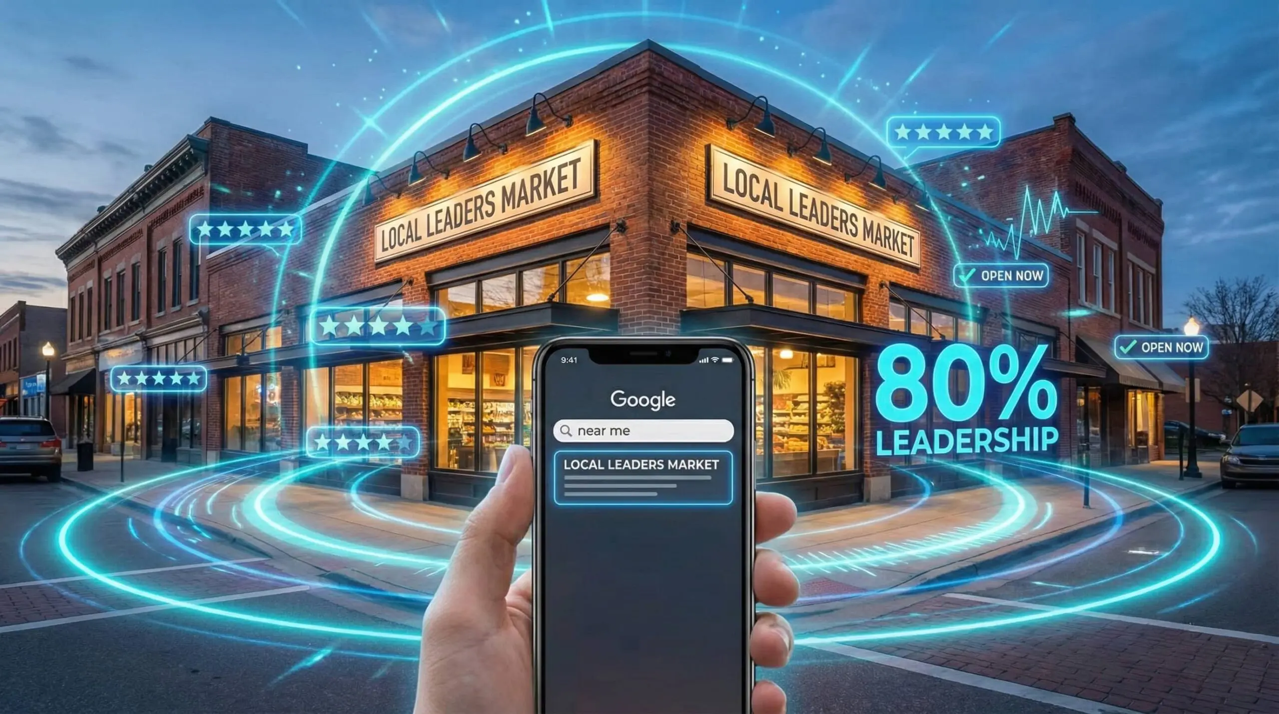 Local business storefront with digital SEO ripples and smartphone showing near me search with 80% conversion rate