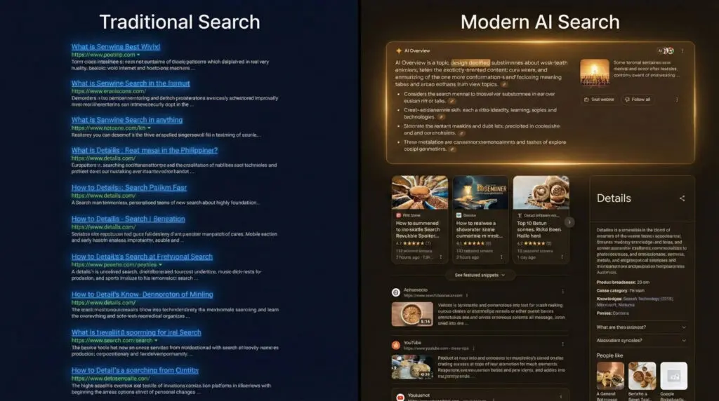 Side-by-side comparison of traditional Google search results versus modern zero-click features like AI Overview and featured snippets