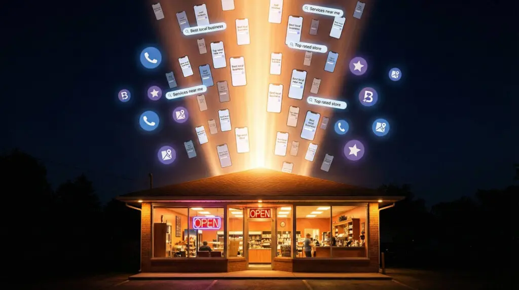 Local business storefront with digital beacon representing zero-click search visibility and customer engagement