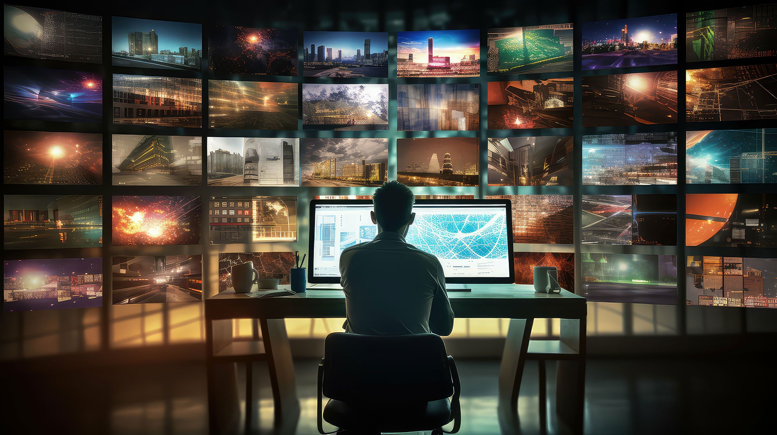 A person looking at numerous computer screens to manage their digital presence.