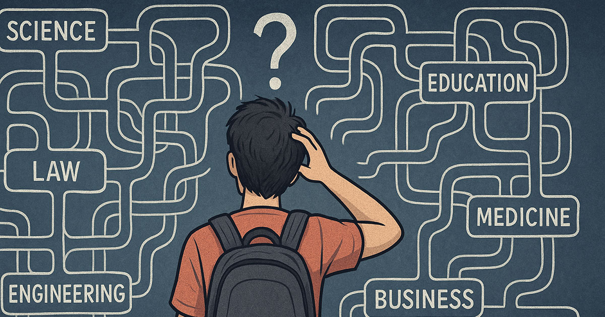 A confused student looking at a maze of academic pathways, symbolizing major and career uncertainty