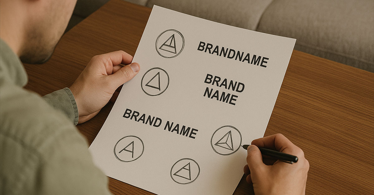 An entrepreneur reviewing logo sketches and brand name options, symbolizing a rebranding journey