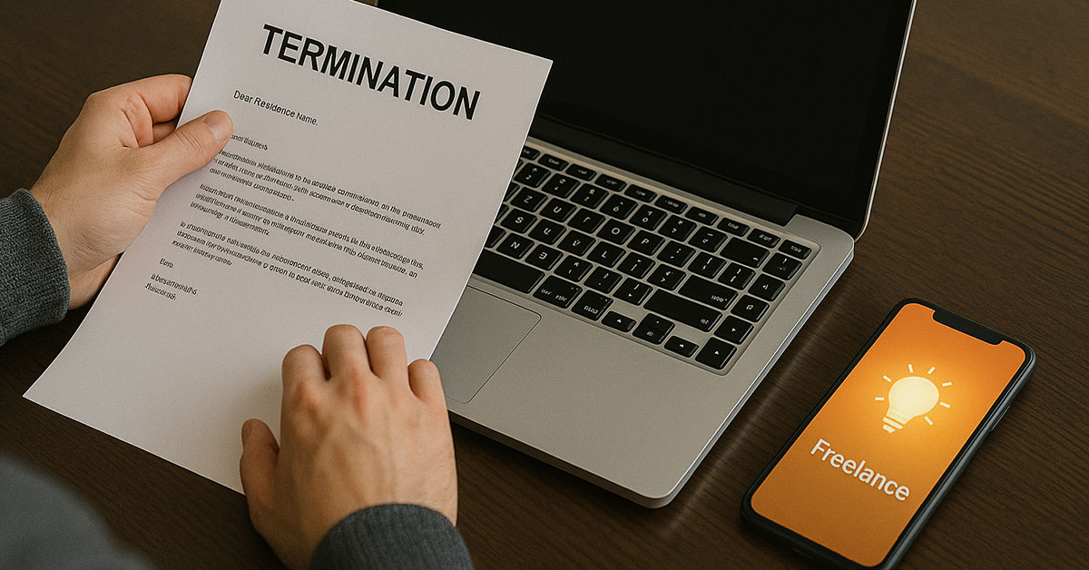 A person sitting at a laptop with a job termination letter and a glowing mobile app screen in view, symbolizing rebirth through freelancing