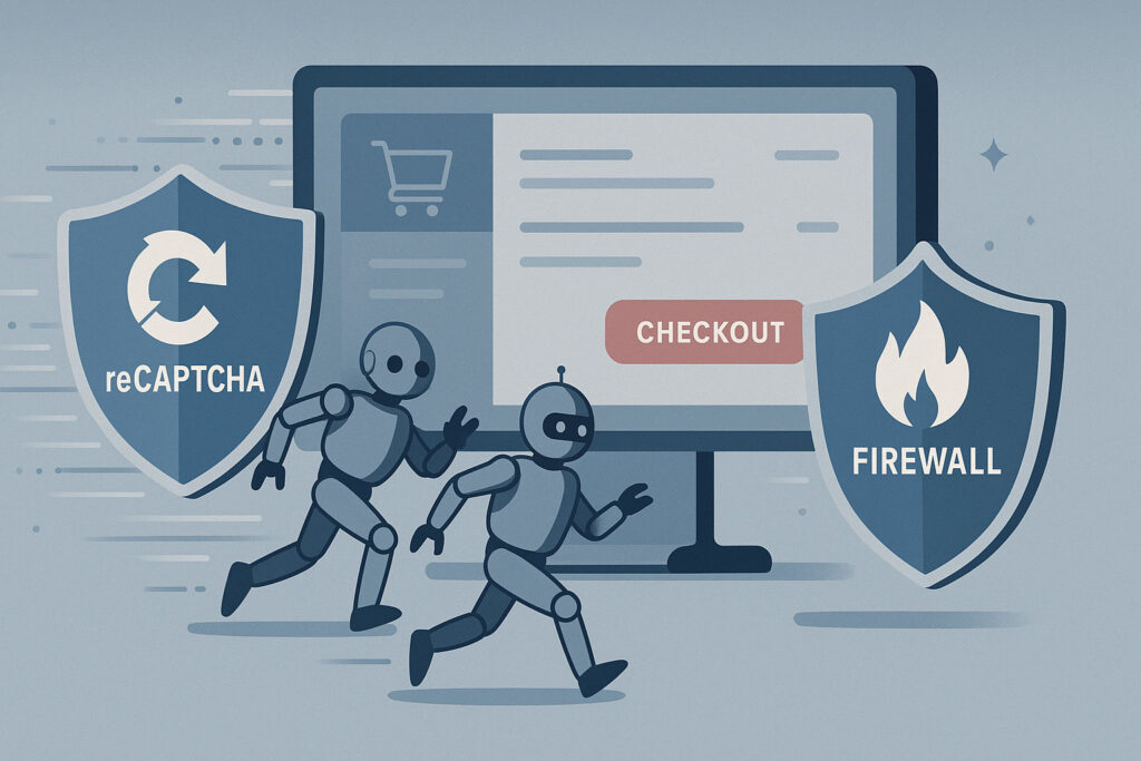 Illustration showing bots bypassing reCAPTCHA and firewall protections to reach an online checkout page, representing how traditional website security fails to stop WooCommerce card testing attacks.