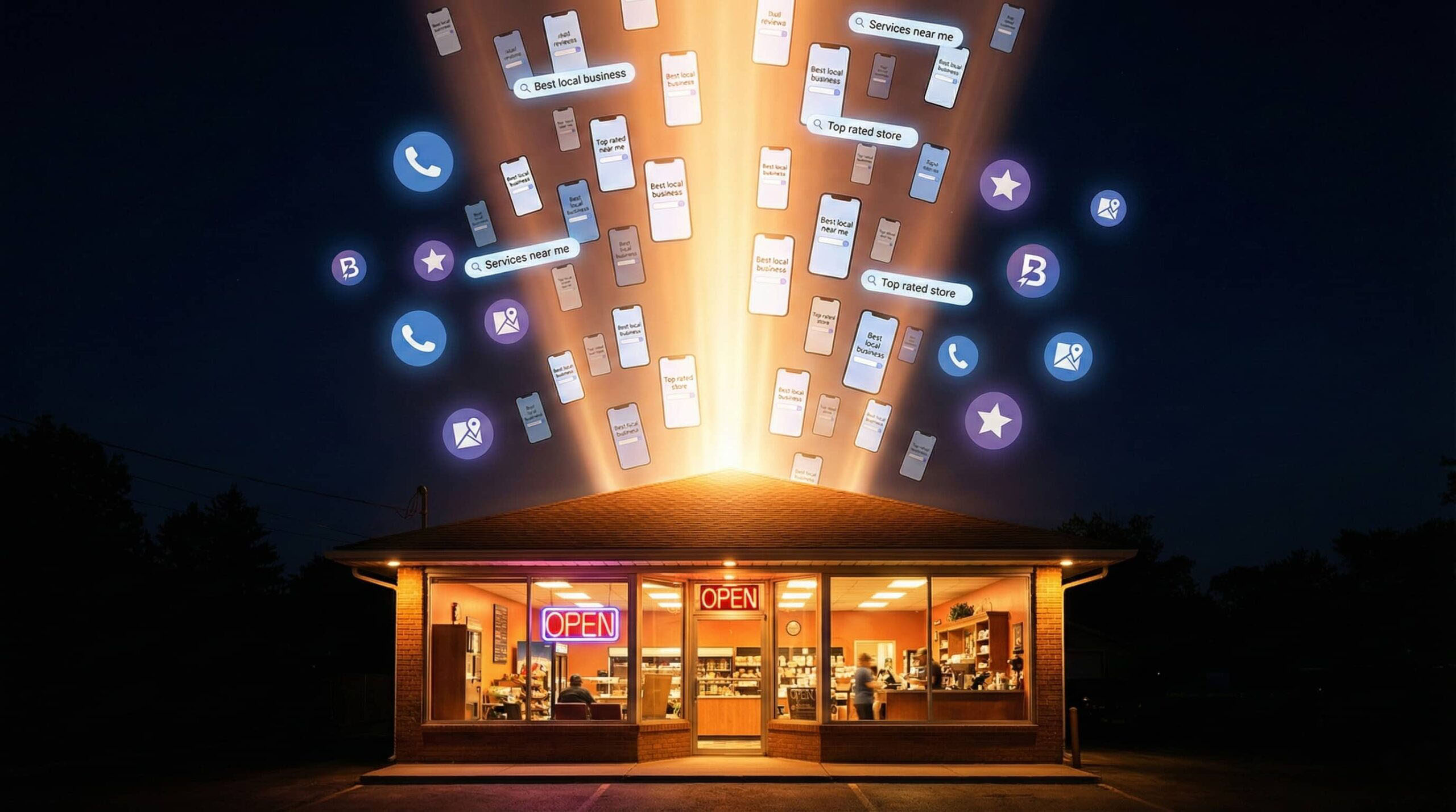 Local business storefront with digital beacon representing zero-click search visibility and customer engagement